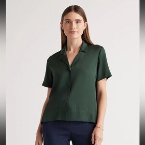 Silk Short-Sleeve Collared Blouse - Forest Green